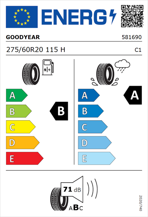 Tyre Label for Goodyear EfficientGrip 2 SUV 275/60R20 115H