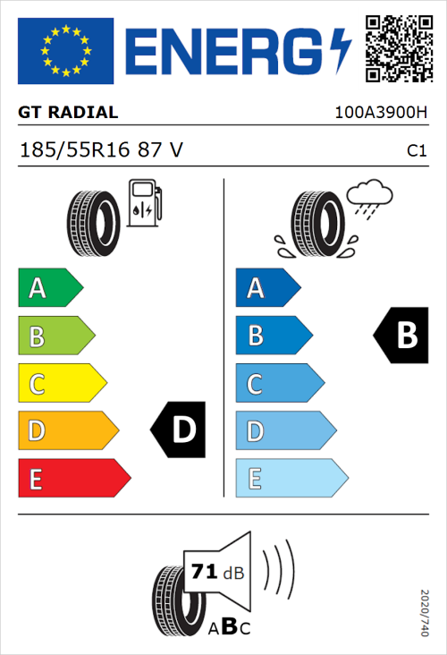 Tyre Label for GT Radial FE1 City 185/55R16 87V